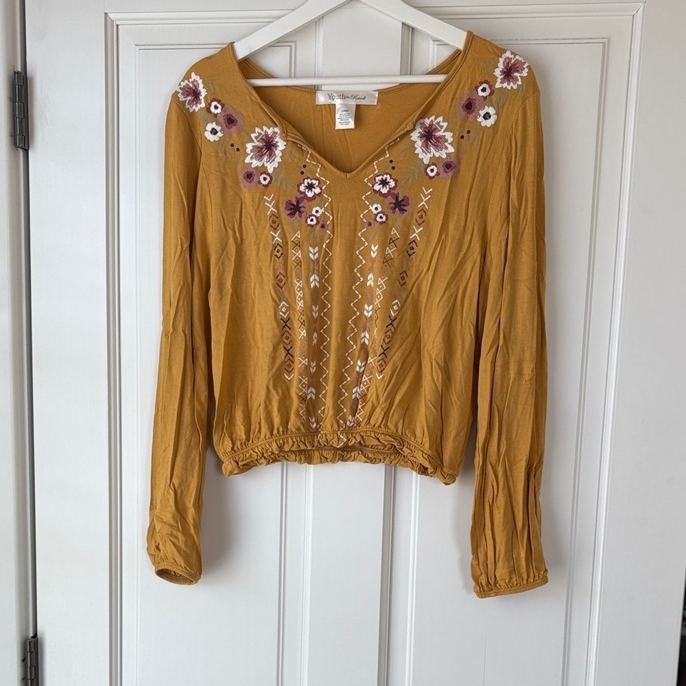 Youth in Revolt Top Large Mustard Yellow Floral Embroidered Boho V-Neck Blouse